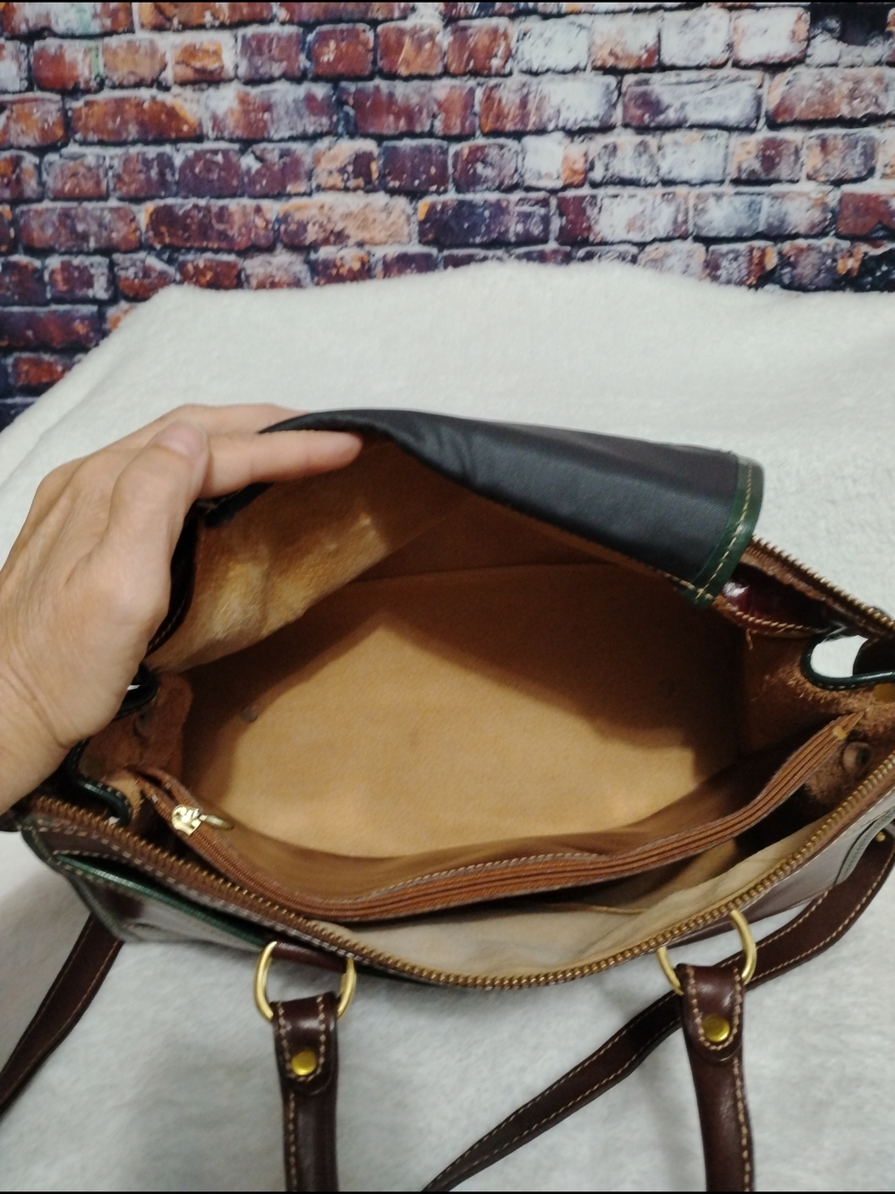 Brahmin Brown and Wine Leather Satchel with Green Trim - Picture 8 of 15